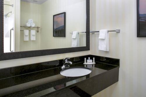 La salle de bains est pourvue d'un lavabo et d'un grand miroir. dans l'établissement Fairfield Inn & Suites Milledgeville, à Milledgeville