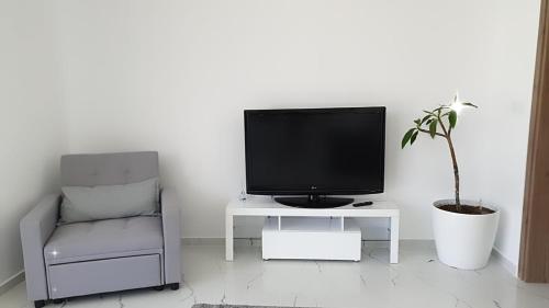 a living room with a tv and a chair at Private Pool House by Olivujoj - Your slice of paradise for six in Anavissos
