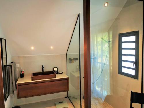 a bathroom with a sink and a glass shower at Villa Des palmes - piscine privée au bord du Lagon de la Saline in Saint-Paul