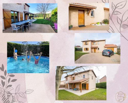 un collage de photos de maisons et d'une piscine dans l'établissement Maison à 15mn de Lyon centre et 20mn de Groupama stadium, à Corbas