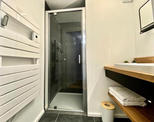 une salle de bain avec douche et lavabo dans l'établissement Résidence Fergust - Chalet Fergust - 8 Personnes - Morzine MAE-3941, à Morzine