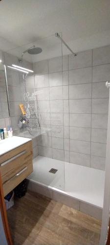 une douche avec une porte vitrée dans une salle de bain dans l'établissement Valmeinier 1800 Ecrin des Neiges, à Valmeinier