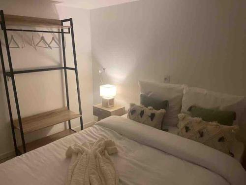 um quarto com uma grande cama branca e um candeeiro em Appartement à la découverte de Strasbourg em Bischheim