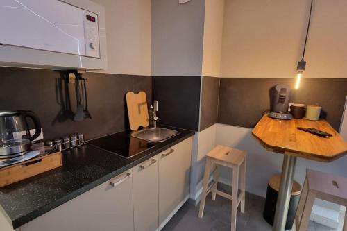une petite cuisine avec un évier et un comptoir dans l'établissement Luxueux appartement love avec Sauna, à Strasbourg