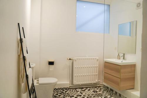 迪南的住宿－Appartement tout confort au centre ville de DINANT，一间带卫生间、水槽和镜子的浴室
