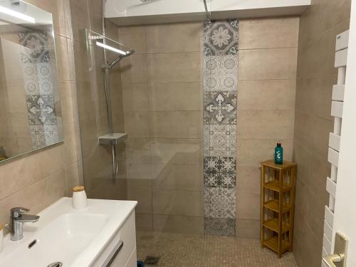 une salle de bain avec douche et lavabo dans l'établissement Aux terrasses de la mer, à Cannes