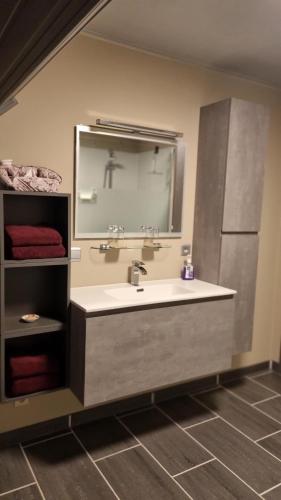 W łazience znajduje się umywalka i lustro. w obiekcie MARINA w mieście Wolfsberg