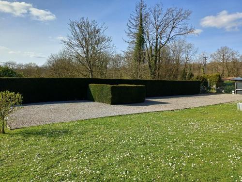 a garden with a hedge and a lawn with flowers at La Colline aux Fées in Yvoir