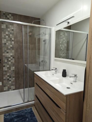 une salle de bain avec un lavabo et une douche dans l'établissement Appartement entièrement rénové au centre de Longwy, à Longwy