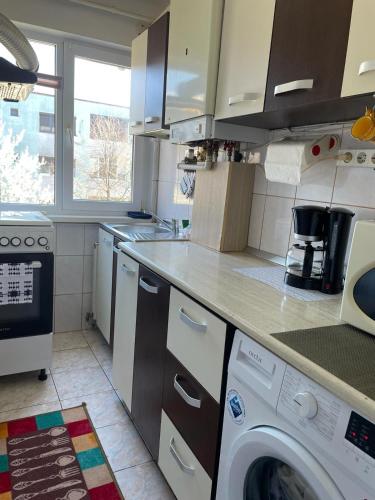 eine Küche mit Waschmaschine und Trockner in der Unterkunft Cozy Apartment in Bacău