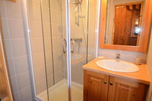 W łazience znajduje się prysznic i umywalka. w obiekcie Résidence Villaret - Studio pour 4 Personnes 234 w Les Menuires
