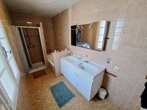 uma casa de banho com um lavatório, um espelho e uma banheira em Maison Les Bardots em Savignac-de-Duras