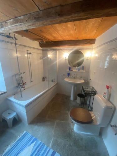 a bathroom with a tub and a toilet and a sink at Bondo Bergell in Promontogno