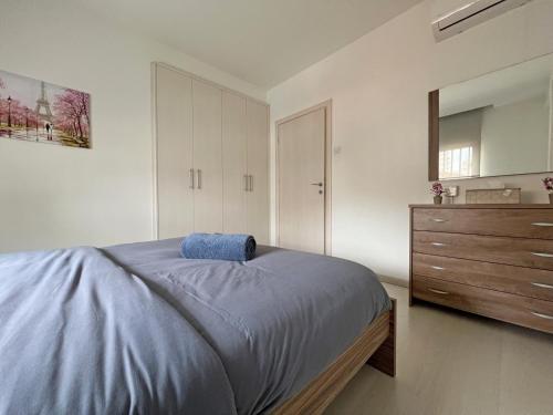 a bedroom with a bed and a dresser and a mirror at Albert's Apartment Center 202B in Larnaca