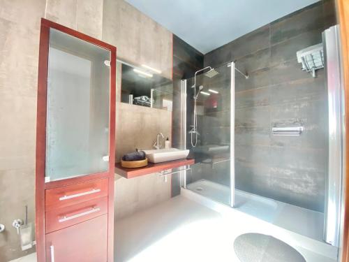 a bathroom with a shower and a sink at La Casa de Enfrente in Antequera