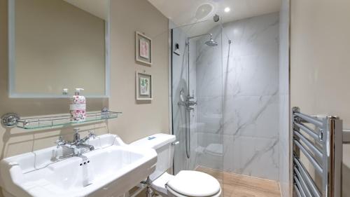 a bathroom with a toilet and a sink and a shower at Golconda Cottage in Brassington
