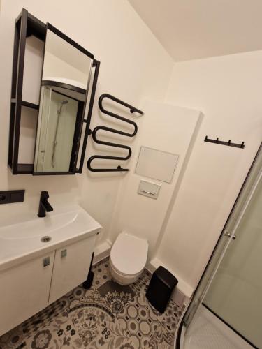 a bathroom with a sink and a toilet and a mirror at Panorama Suite Jelgava in Jelgava