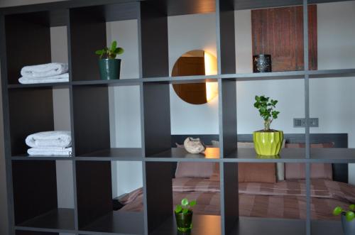 een plank met handdoeken en planten in een kamer bij Panorama Suite Jelgava in Jelgava