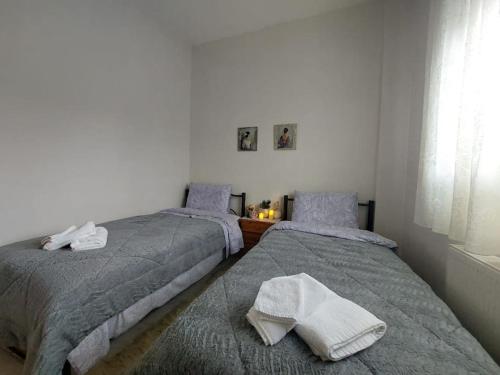 2 Betten in einem Schlafzimmer mit Handtüchern darauf in der Unterkunft Ellie's house in Kozani