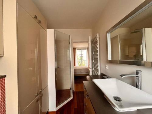 une salle de bain avec un lavabo, une douche et un miroir dans l'établissement 16ème - Près Trocadéro, Quartier Prestigieux, à Paris