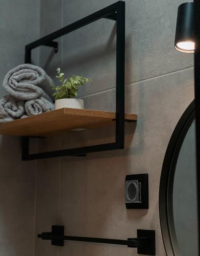 a bathroom shelf with a mirror and a plant at Mimista Apartment in Tivat