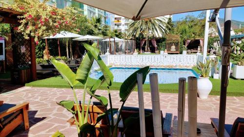 a patio with a pool with plants and an umbrella at Montreal in Benicàssim