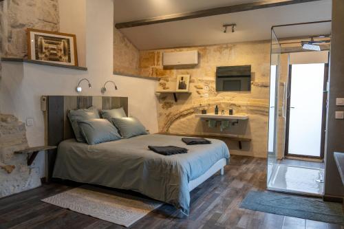 a bedroom with a large bed and a bathroom at Maison de charme en centre-ville 4 à 6 personnes in Arles