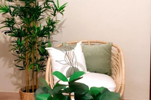 a wicker chair with a pillow and two plants at BilboAppartment in Bilbao