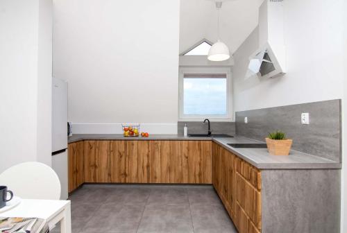 eine Küche mit einer Spüle und einer Arbeitsplatte in der Unterkunft Apartament Chełm City in Chełm