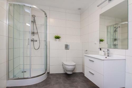 a bathroom with a shower and a toilet and a sink at Apartament Chełm City in Chełm