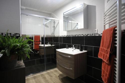 ein Badezimmer mit 2 Waschbecken und einem Spiegel in der Unterkunft L'Atelier 57 - Votre meublé authentique ! in Arbois