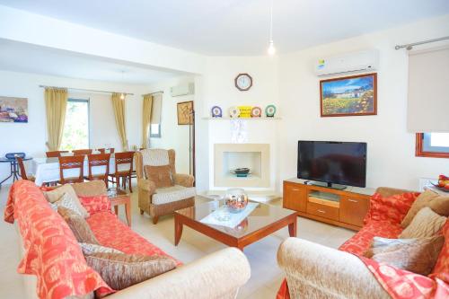 a living room with couches and a flat screen tv at Villa Angelena in Droushia