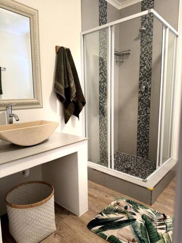 a bathroom with a shower with a sink and a sink at Clanwilliam Waterside Villa in Clanwilliam