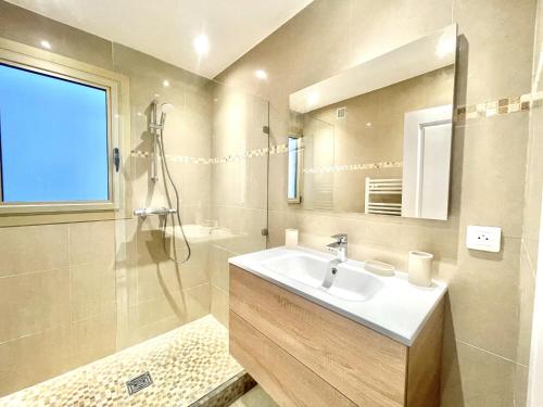 une salle de bain avec un lavabo, une douche et un miroir dans l'établissement Colony 2, à Cannes