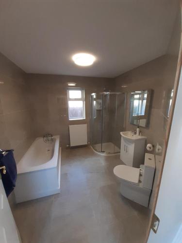 a bathroom with a tub and a toilet and a shower at Eden Lodge in Bantry