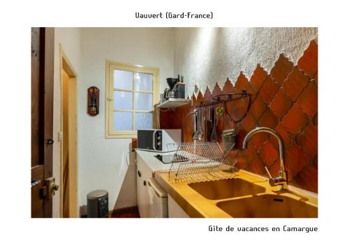 cocina con fregadero y microondas en Gîte de vacances en Camargue ☆☆NN, en Vauvert
