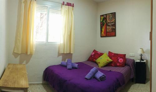 1 dormitorio con 2 camas con sábanas y almohadas moradas en Casa de campo con piscina, en Chiclana de la Frontera