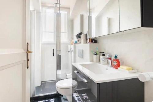 biała łazienka z toaletą i umywalką w obiekcie Spacious Moderne & Design appartement 16em Arrondissement w Paryżu