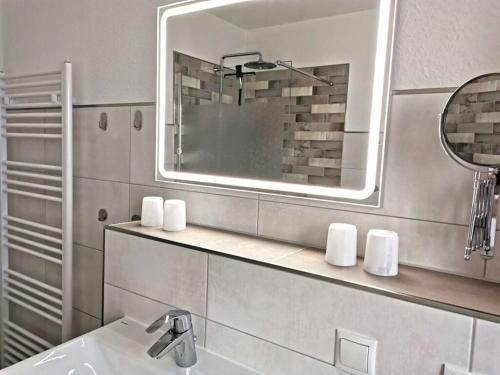 een badkamer met een wastafel en een spiegel bij Sea domicile Goitzsche in Pouch