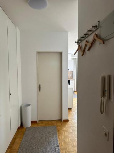 a hallway with white walls and a door and a rug at Minusio Swiss Vacances in Minusio