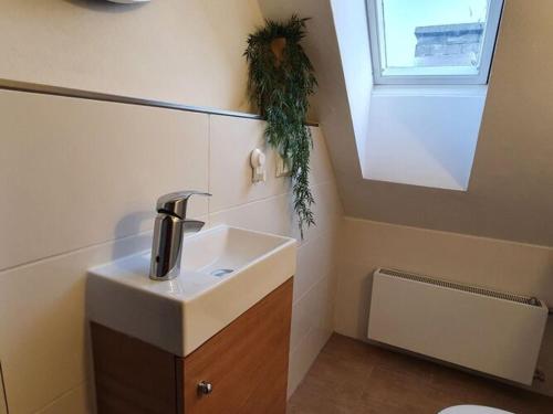 a bathroom with a sink and a window at Holiday home in the fairytale forest in Hambühren