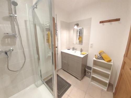 une salle de bain avec douche et lavabo dans l'établissement La maison de Marie-Blanche, à Melve