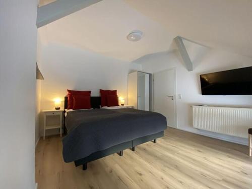 - une chambre avec un grand lit et des oreillers rouges dans l'établissement Attractive apartment in Olbersdorf, à Olbersdorf