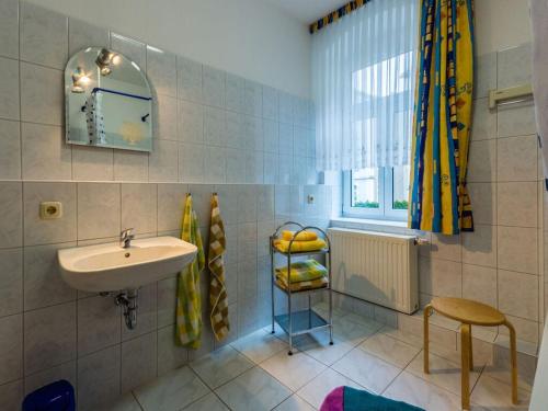 a bathroom with a sink and a mirror and a window at Holiday apartments Ender in Sebnitz