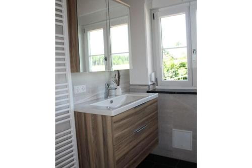 La salle de bains est pourvue d'un lavabo et de 2 fenêtres. dans l'établissement Apartment in Hergensweiler, à Hergensweiler