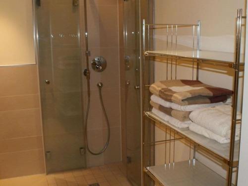 y baño con ducha y toallas. en Mountain Modern Retreat, en Trippstadt