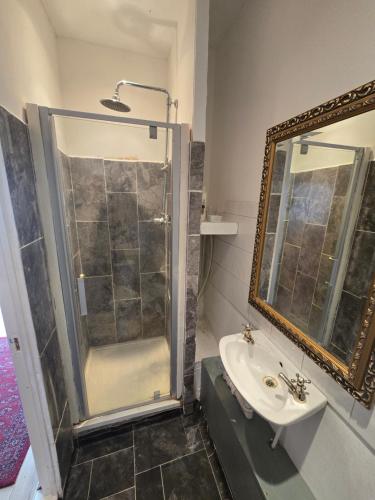 a bathroom with a shower and a sink and a mirror at Studio next to port, cliffs, with parking in Kent