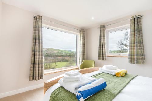 a bedroom with a bed and a large window at Tranquil house with hot tub BBQ wheelchair access in Llandeilo