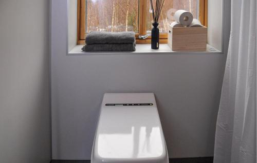 a white toilet in a bathroom with a window at 3 Bedroom Beautiful Home In Katrineholm in Katrineholm