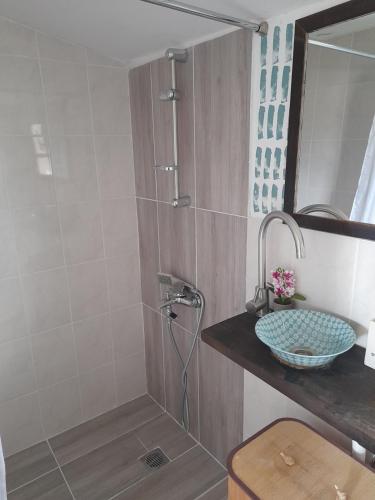 uma casa de banho com um chuveiro e um lavatório. em FG HOME RENTAL b em Mirodháton